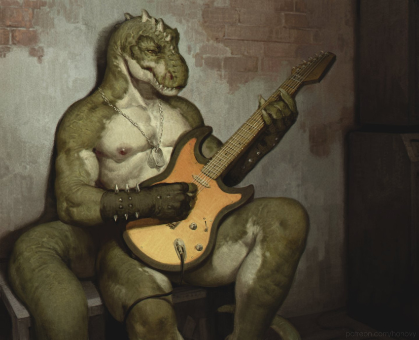 1boy biceps brick_wall convenient_censoring dog_tags furry furry_male guitar honovyart instrument jewelry male_focus music necklace nipples original playing_instrument sitting solo spiked_gauntlets