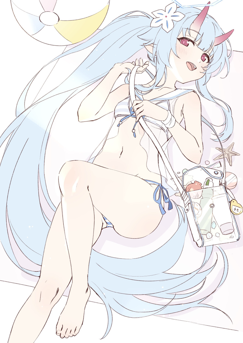 1girl absurdres bag ball beachball bikini blue_archive blue_bikini blue_hair blue_halo chise_(blue_archive) chise_(swimsuit)_(blue_archive) commentary_request double-parted_bangs gradient_horns hair_between_eyes halo highres horns knee_up long_hair looking_at_viewer lotion lotion_bottle lying multicolored_horns navel official_alternate_costume official_alternate_hairstyle on_back oni_horns open_mouth pointy_ears red_eyes red_horns sailor_bikini sailor_collar see-through see-through_shirt shoulder_bag side-tie_bikini_bottom skin-covered_horns smile solo starfish stomach striped striped_bikini sunscreen swimsuit thighs tibaridooor transparent_bag very_long_hair white_sailor_collar