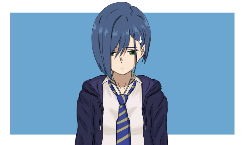 1girl asymmetrical_hair averting_eyes black_hoodie blue_background blue_hair blue_necktie blunt_ends bob_cut border breasts closed_mouth collarbone collared_shirt commentary darling_in_the_franxx diagonal-striped_necktie dress_shirt green_eyes hair_ornament hair_over_one_eye hairclip hood hood_down hoodie ichigo_(darling_in_the_franxx) looking_down loose_necktie muyu_(892779517) necktie outside_border sad shirt short_hair simple_background small_breasts solo swept_bangs upper_body white_border white_shirt yellow_necktie