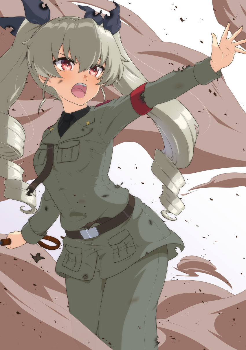 1girl absurdres ada_badguy anchovy_(girls_und_panzer) anzio_military_uniform belt black_belt black_necktie black_ribbon black_shirt boots commentary cowboy_shot dress_shirt drill_hair frown girls_und_panzer green_hair grey_jacket grey_pants hair_ribbon highres holding jacket knee_boots leaning_forward long_hair long_sleeves looking_at_another military military_uniform necktie open_mouth pants reaching red_eyes ribbon riding_crop sam_browne_belt shirt smoke solo standing torn_belt torn_clothes torn_ribbon twin_drills twintails uniform wing_collar