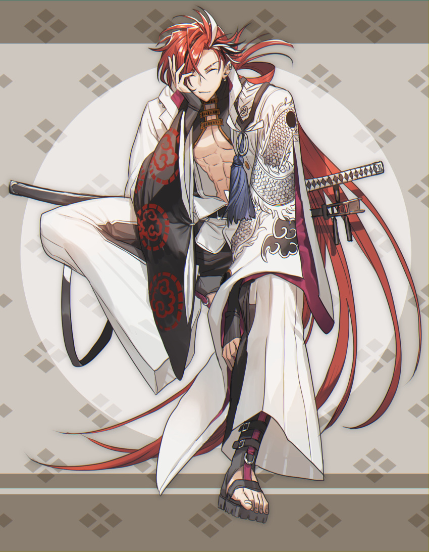 1boy abs black_hair closed_eyes dragon_print earrings eyebrow_cut fate/grand_order fate_(series) full_body hair_over_one_eye hand_on_own_face highres instrument instrument_on_back jacket japanese_clothes jewelry long_hair long_sleeves male_focus multicolored_hair nagatekkou none_(kameko227) pectorals red_hair shamisen solo streaked_hair sword takasugi_shinsaku_(fate) underpec weapon white_hair white_jacket wide_sleeves