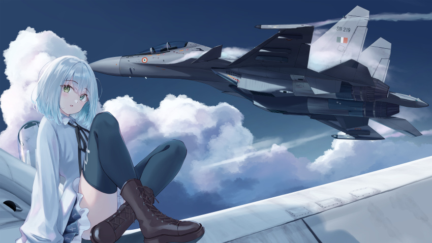 1girl absurdres aircraft airplane amahari_koishi black_ribbon blue_hair blue_sky bob_cut boots brown_footwear cloud commentary commission fighter_jet green_eyes green_thighhighs highres indie_virtual_youtuber jet light_blue_hair long_sleeves military_vehicle neck_ribbon outdoors png_pant_(bus) ribbon sitting skeb_commission sky solo su-30 thighhighs vehicle_focus virtual_youtuber