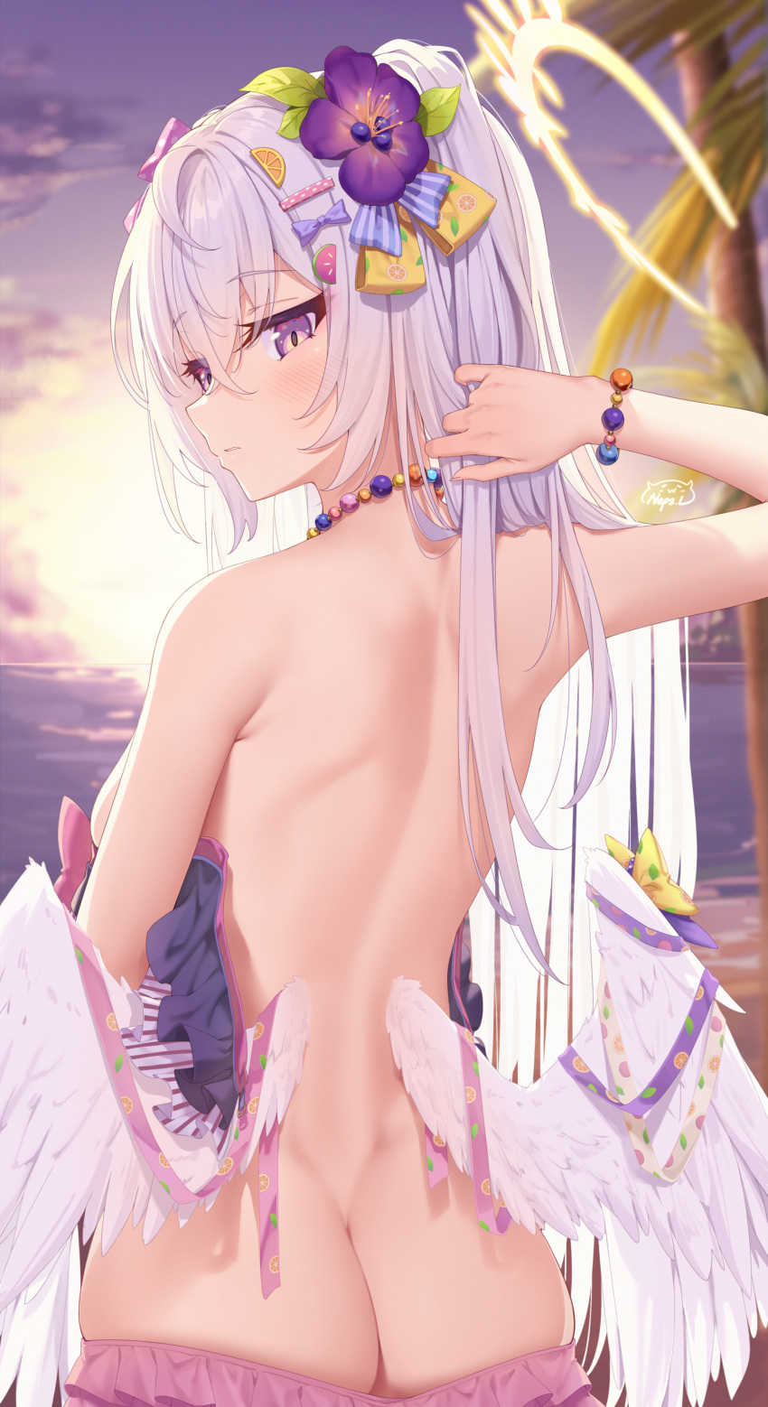 1girl absurdres ass azusa_(blue_archive) azusa_(swimsuit)_(blue_archive) back bare_back bikini blue_archive blush bracelet breasts feathered_wings flower grey_hair hair_flower hair_ornament halo highres jewelry long_hair looking_at_viewer looking_back median_furrow neps-l outdoors palm_tree petite purple_eyes small_breasts solo straight_hair sunset swimsuit tree untied_bikini very_long_hair white_wings wings
