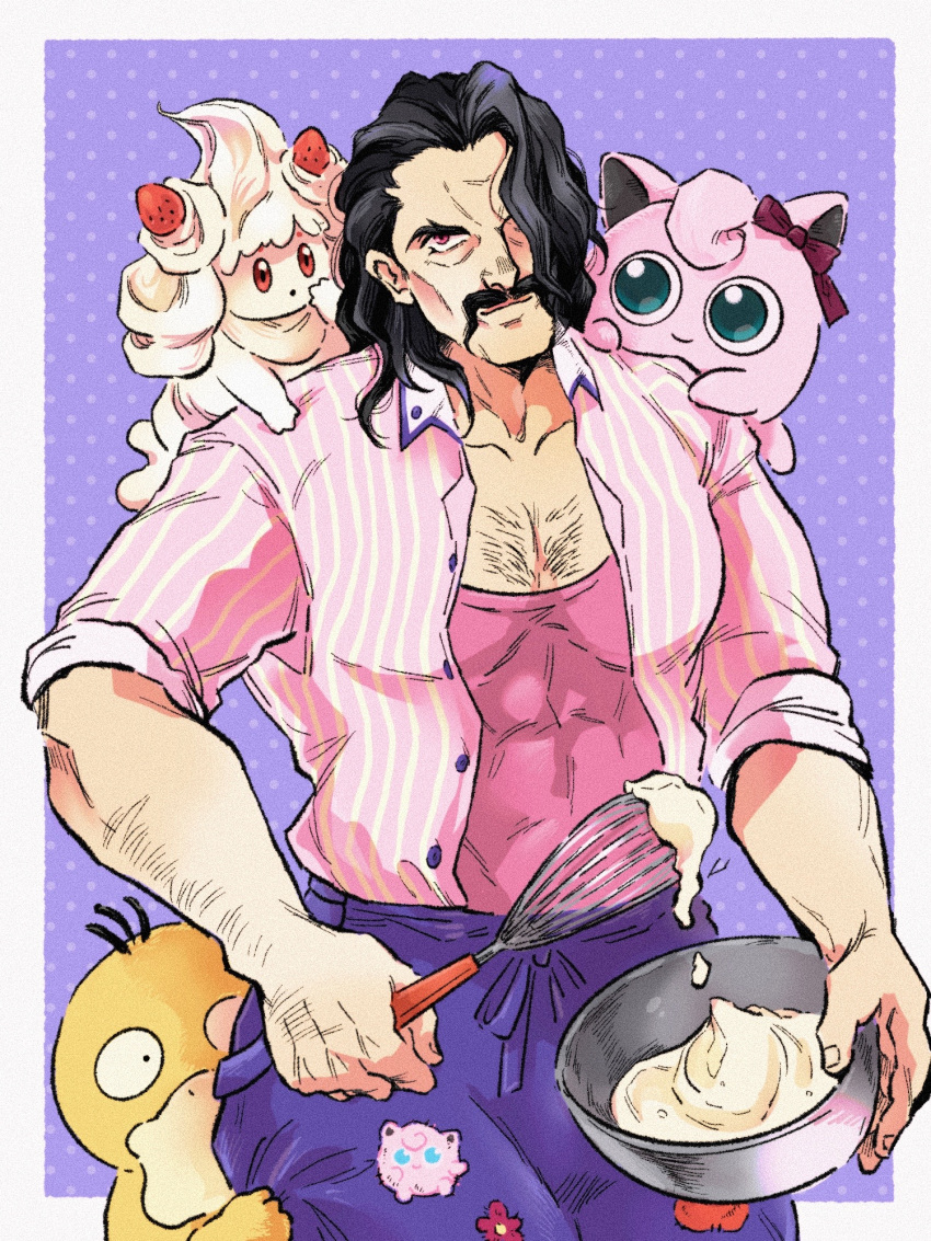 1boy alcremie alcremie_(strawberry_sweet) alcremie_(vanilla_cream) apron arm_hair bara batter black_eyes black_hair blue_eyes border bow bowl buttons chest_hair closed_mouth collarbone collared_shirt commentary cowboy_shot facial_hair food-themed_hair_ornament forehead forked_eyebrows hair_bow hair_ornament hair_over_one_eye hand_to_own_mouth hand_up happy hiding hiding_behind_another highres holding holding_bowl holding_whisk jigglypuff long_hair male_focus mixing_bowl muscular muscular_male mustache on_shoulder one_eye_covered open_clothes open_shirt outside_border patch pectoral_cleavage pectorals peeking_out pink_shirt pinstripe_pattern pinstripe_shirt pokemon pokemon_(creature) pokemon_(game) pokemon_on_shoulder pokemon_sv polka_dot polka_dot_background psyduck purple_apron purple_background purple_bow red_eyes saguaro_(pokemon) shirt shirt_tucked_in sidelocks simple_background sleeves_rolled_up smile standing strawberry_hair_ornament striped todoroki_ago undershirt waist_apron whisk white_border white_hair