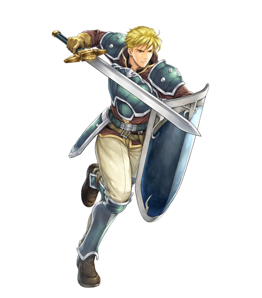 1boy armor attack blonde_hair brown_footwear fire_emblem fire_emblem:_the_blazing_blade fire_emblem_heroes harken_(fire_emblem) highres holding holding_shield holding_sword holding_weapon male_focus non-web_source shield shin_guards shoulder_armor solo sword weapon yamada_koutarou