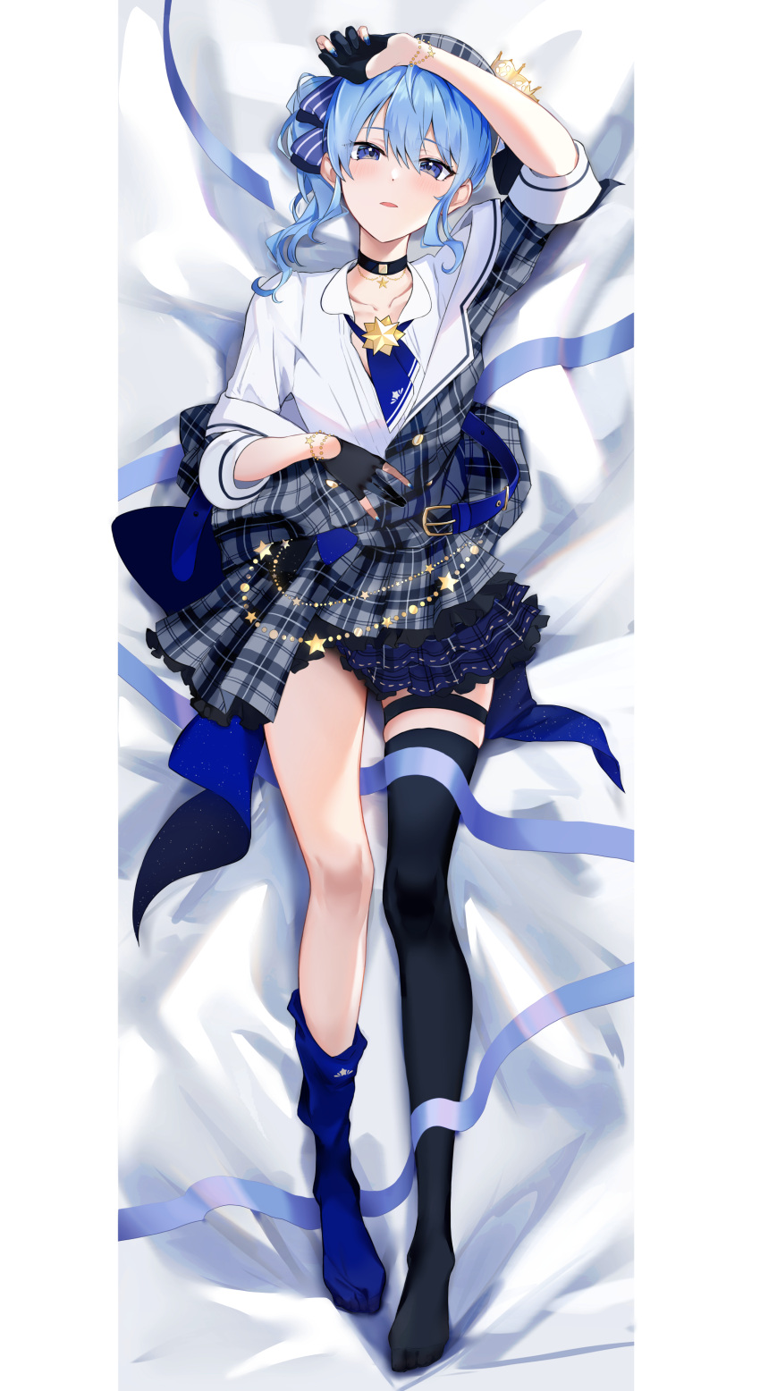 1girl absurdres asymmetrical_legwear aya02ka beret black_choker black_gloves black_thighhighs blue_eyes blue_hair blue_ribbon blue_socks choker collared_shirt crown dakimakura_(medium) dress full_body gloves hair_ornament hair_ribbon hat highres hololive hoshimachi_suisei hoshimachi_suisei_(1st_costume) long_hair looking_at_viewer lying mini_crown on_back partially_fingerless_gloves plaid plaid_skirt ribbon shirt side_ponytail single_thighhigh skirt socks solo star_(symbol) star_in_eye symbol_in_eye thigh_strap thighhighs thighs virtual_youtuber white_shirt