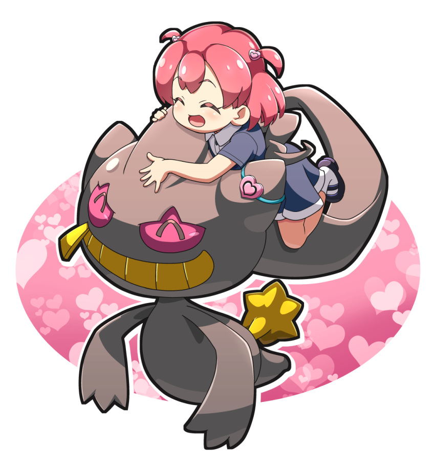 1girl :d aged_down banette blush closed_eyes commentary_request dress eyelashes hair_ornament happy heart heart_hair_ornament highres joy_(pokemon) kohsaka_jun open_mouth pink_hair pokemon pokemon_(anime) pokemon_(creature) pokemon_journeys shoes short_sleeves smile socks two_side_up white_socks