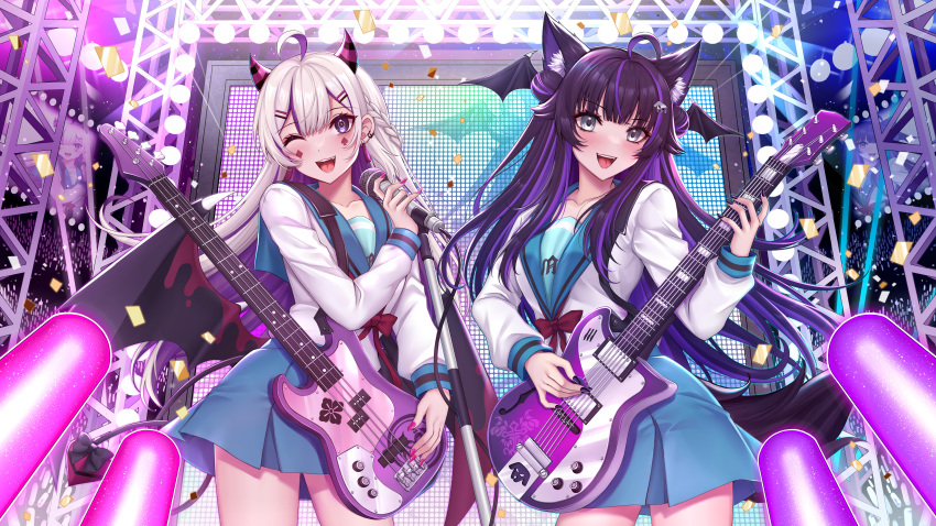 2girls :d ;d absurdres animal_ears black_eyes blue_sailor_collar blue_skirt colored_inner_hair cosplay demon_girl demon_horns demon_tail demon_wings gu_li guitar highres holding holding_instrument holding_microphone horns indie_virtual_youtuber instrument keru_beros kita_high_school_uniform kurona_(vtuber) long_hair looking_at_viewer microphone multicolored_hair multiple_girls music one_eye_closed original playing_instrument pleated_skirt purple_eyes purple_hair red_ribbon ribbon sailor_collar school_uniform serafuku skirt smile streaked_hair suzumiya_haruhi suzumiya_haruhi_(cosplay) suzumiya_haruhi_no_yuuutsu tail teeth two-tone_hair upper_teeth_only virtual_youtuber white_hair wings winter_uniform