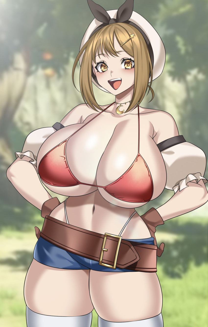 1girl :d absurdres atelier_(series) atelier_ryza barrel belt beret bikini bomb bow bracelet breasts brown_belt brown_eyes brown_gloves brown_hair curvy dekapaiyukari explosive gloves hair_ornament hairclip hand_on_own_hip hat hat_bow highres huge_breasts hz_(666v) jewelry looking_at_viewer narrow_waist necklace open_mouth outdoors puffy_sleeves red_bikini reisalin_stout second-party_source shirt short_hair short_shorts shorts smile solo star_(symbol) star_necklace swimsuit thick_thighs thigh_pouch thighhighs thighs underboob white_headwear white_thighhighs