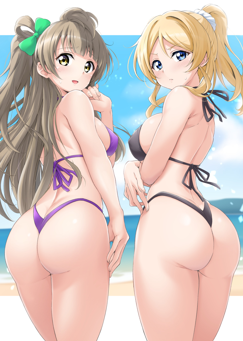 2girls absurdres ass ayase_eli beach bikini black_bikini blonde_hair blue_eyes blue_sky breasts brown_eyes cloud commentary_request cowboy_shot crossed_arms day from_behind grey_hair hair_ornament hair_scrunchie highres horizon kirisaki_reina large_breasts long_hair looking_at_viewer looking_back love_live! medium_breasts minami_kotori multiple_girls ocean one_side_up outdoors ponytail purple_bikini scrunchie sky swimsuit white_scrunchie