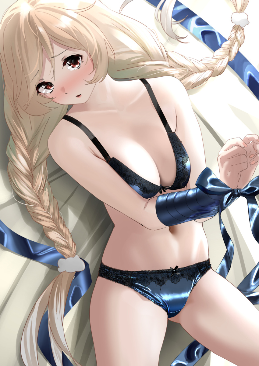 1girl absurdres alternate_costume bare_shoulders bdsm black_bra black_panties blue_ribbon blush bondage bound bra braid breasts cleavage cloud_hair_ornament commission highres kantai_collection light_brown_hair long_hair looking_at_viewer low_twin_braids lying medium_breasts minegumo_(kancolle) on_back open_mouth panties pixiv_commission red_eyes ribbon ribbon_bondage satin_bra satin_panties tama_(tamago) twin_braids underwear underwear_only very_long_hair