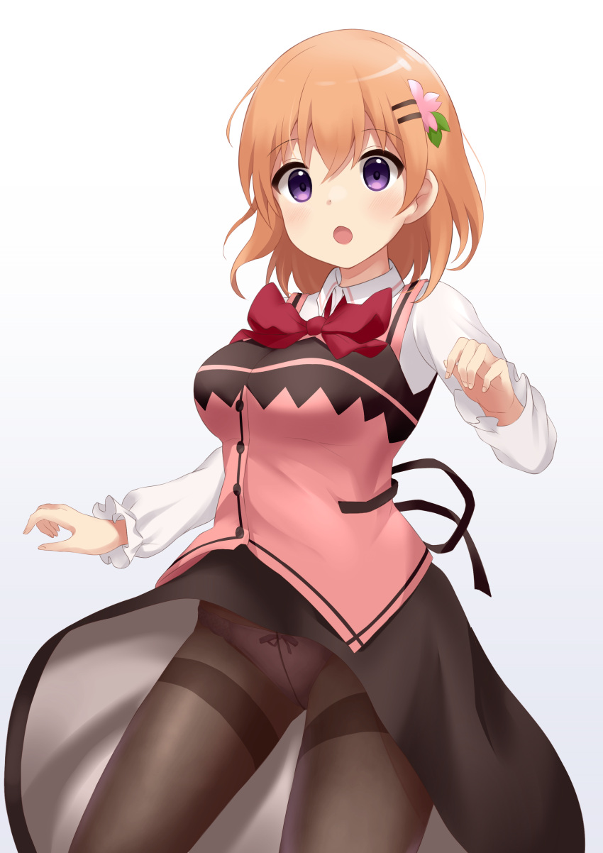 1girl absurdres black_pantyhose black_skirt bow bow_panties bowtie breasts buttons collared_shirt commentary_request cowboy_shot dress_shirt gochuumon_wa_usagi_desu_ka? hair_between_eyes hair_ornament hairclip highres hoto_cocoa long_sleeves looking_at_viewer medium_breasts open_mouth orange_hair panties panties_under_pantyhose pantyhose pink_panties pink_vest purple_eyes rabbit_house_uniform red_bow red_bowtie shirt short_hair sidelocks simple_background skirt solo standing underwear upskirt vest white_background white_shirt wind wind_lift yaplus