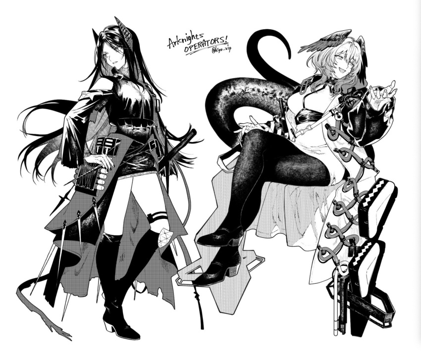 2girls arknights artist_name between_breasts boots breasts character_request coat commentary_request copyright_name crossed_legs dress expressionless feathered_wings fingerless_gloves gloves greyscale hair_between_eyes head_wings highres ho'olheyak_(arknights) horns knee_boots kyo_zip long_coat long_hair long_sleeves long_tail medium_breasts medium_hair miniskirt monochrome multiple_girls open_clothes open_coat open_mouth pantyhose pencil_dress scales shoes simple_background sitting skirt smile snake_tail strap_between_breasts sword tail twitter_username very_long_hair wavy_hair weapon wide_sleeves wings