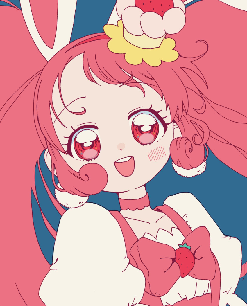 1girl aji_fry animal_ears blush bow cake_hair_ornament choker commentary_request cure_whip earrings extra_ears food-themed_hair_ornament food-themed_ornament fruit_brooch hair_ornament highres jewelry kirakira_precure_a_la_mode long_hair magical_girl open_mouth pink_choker pink_hair pom_pom_(clothes) pom_pom_earrings precure rabbit_ears red_eyes smile solo strawberry_brooch twintails usami_ichika