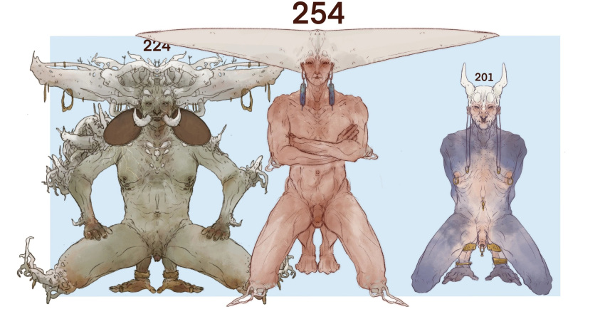 2022 6_nipples alien alien_humanoid ambiguous_gender anklet blue_background border brown_body claws countershade_torso countershading crossed_arms digitigrade ear_piercing ear_ring front_view furgonomics furry-specific_piercing genitals grey_body group hands_behind_back hi_res horn horn_piercing horned_humanoid humanoid jewelry kneeling looking_at_viewer molvno multi_nipple navel nipples nude number opposable_toe pale_skin penis piercing ring_piercing simple_background trio white_border wrinkles