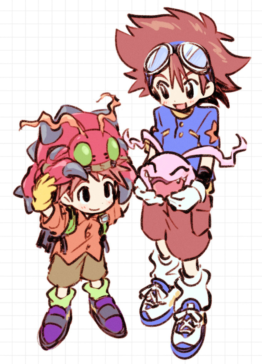 2boys 2others brown_shorts child closed_eyes digimon digimon_(creature) digimon_adventure fangs friends gloves goggles goggles_on_head happy highres izumi_koushirou koromon miino25 multiple_boys multiple_others purple_footwear shorts smile tentomon white_gloves yagami_taichi yellow_gloves