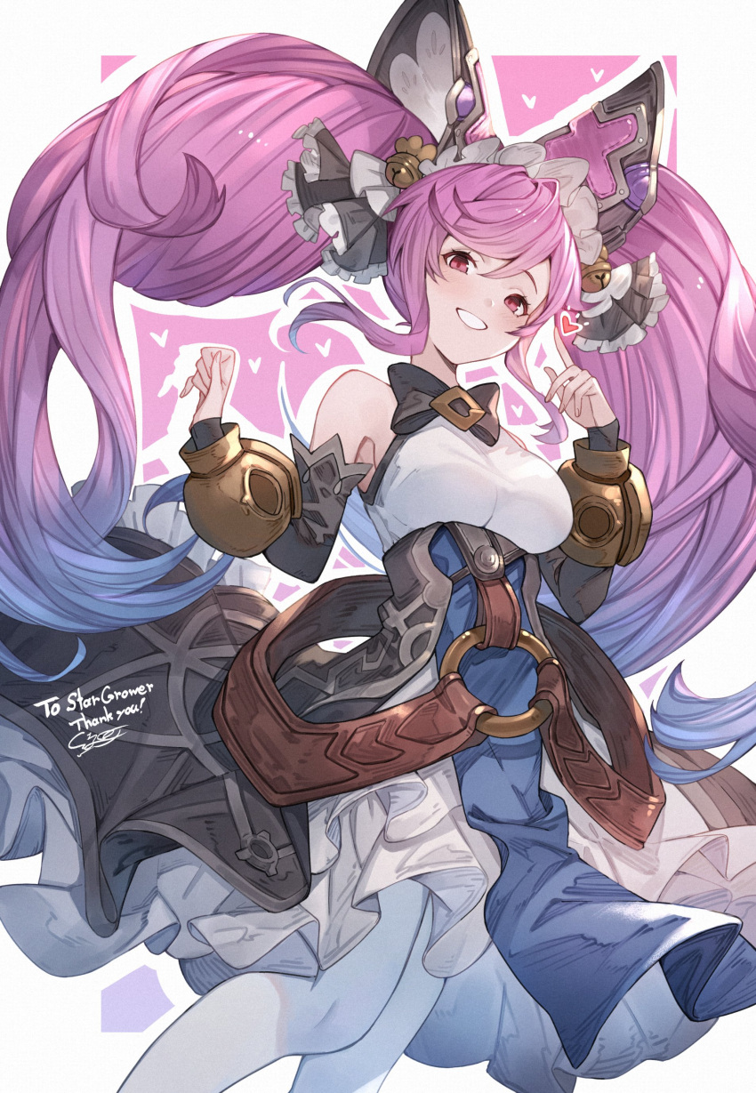 1girl absurdres ayacho bare_shoulders bell blue_hair cleo_(dragalia_lost) detached_sleeves dragalia_lost dress hair_bell hair_between_eyes hair_ornament heart highres long_hair looking_at_viewer multicolored_hair pink_hair smile solo thighhighs twintails two-tone_hair very_long_hair white_thighhighs