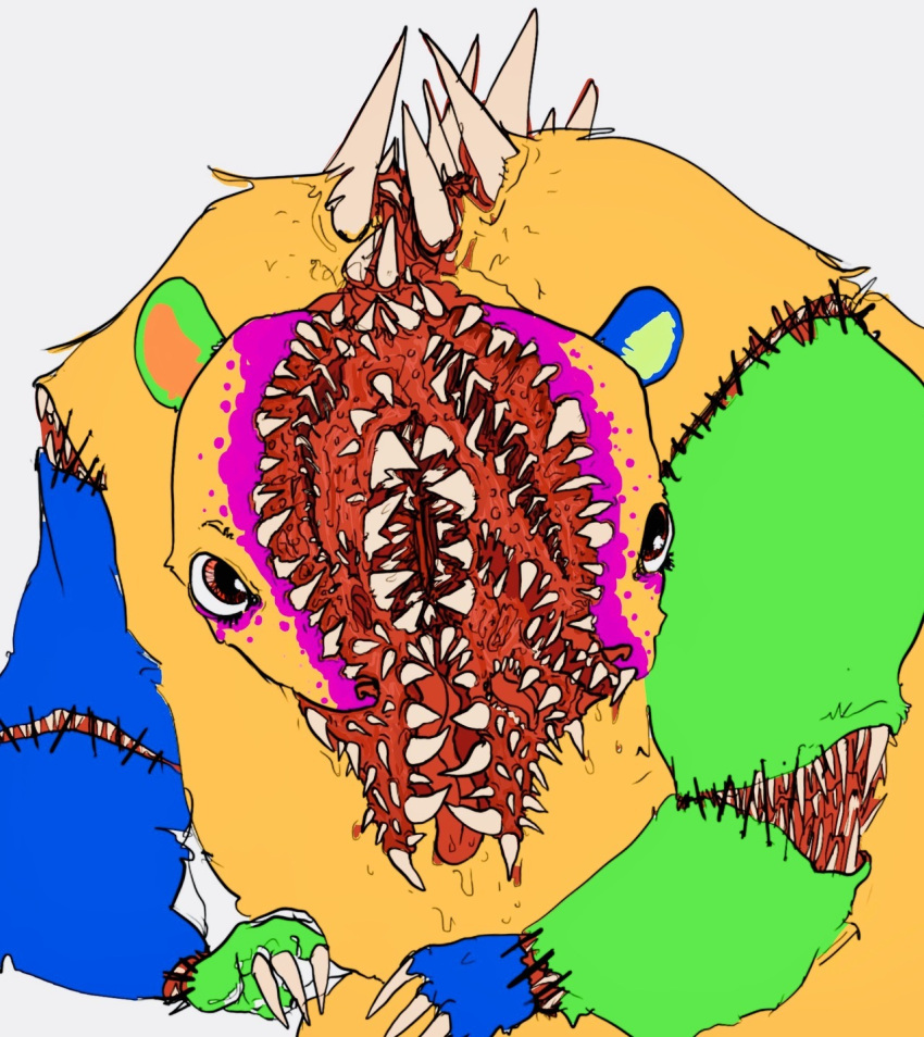 anthro bared_teeth bear blue_body blue_fur body_horror claws colored digital_drawing_(artwork) digital_media_(artwork) finger_claws fur gaping_mouth green_body green_fur grotesque head_mouth hi_res invalid_tag male mammal multicolored_body multicolored_fur nightmare_fuel nude open_mouth orange_body orange_fur red_eyes red_insides ruby_quest sharp_claws sharp_teeth sim-ant simple_background solo split_head stitches_(rq) surgical_suture teeth teeth_everywhere tongue tongue_out undead white_background yonic