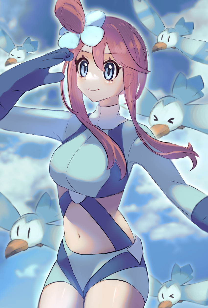1girl absurdres asatte_3z bird blue_eyes blue_gloves blue_jacket blue_shorts closed_mouth cloud commentary_request cowboy_shot crop_top cropped_jacket day eyelashes gloves hair_ornament hand_up highres jacket midriff navel one_side_up outdoors pokemon pokemon_(creature) pokemon_(game) pokemon_bw red_hair short_hair_with_long_locks short_shorts shorts sidelocks sky skyla_(pokemon) smile wingull