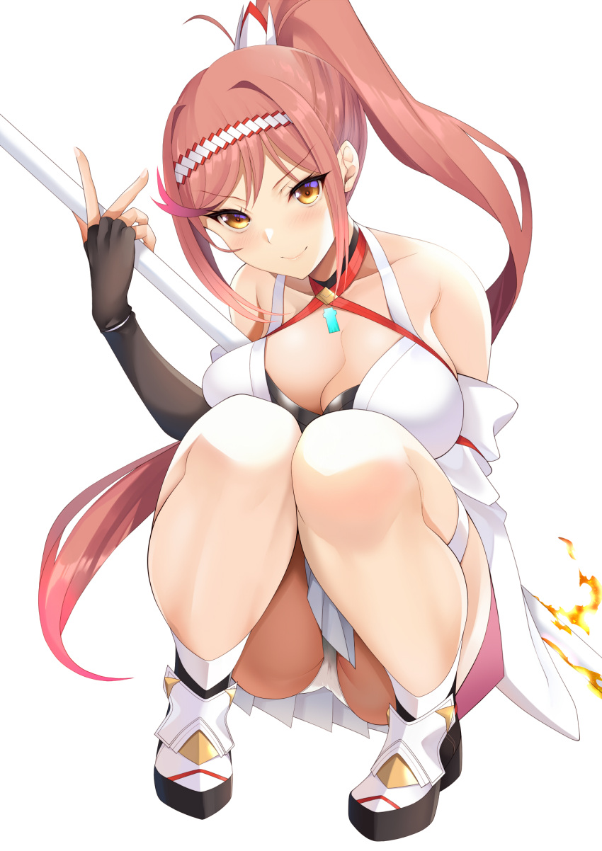1girl bare_shoulders breasts chest_jewel cleavage core_crystal_(xenoblade) criss-cross_halter daive detached_sleeves fingerless_gloves full_body glimmer_(xenoblade) gloves halterneck high_ponytail highres japanese_clothes kimono large_breasts long_hair looking_at_viewer obi panties ponytail red_hair sash solo squatting swept_bangs underwear upskirt white_kimono wide_sleeves xenoblade_chronicles_(series) xenoblade_chronicles_3 xenoblade_chronicles_3:_future_redeemed