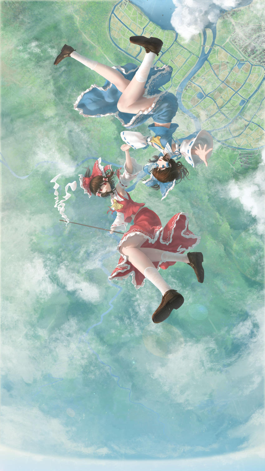 2girls absurdres blue_shirt blue_skirt cloud detached_sleeves falling fasnakegod gohei hakurei_reimu highres holding holding_gohei landscape multiple_girls nontraditional_miko palette_swap red_shirt red_skirt river shirt skirt sky thighs touhou white_sleeves