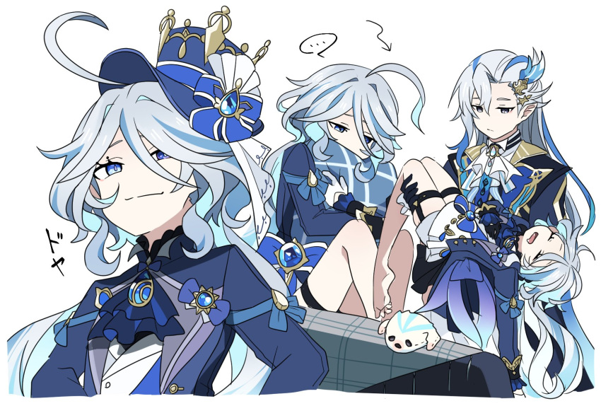1boy 1girl :3 ahoge ascot black_gloves blue_ascot blue_eyes blue_hair carrying closed_eyes closed_mouth couch feather_hair_ornament feathers furina_(genshin_impact) genshin_impact gloves hair_ornament highres hugging_object leisurely_otter_(genshin_impact) long_hair long_sleeves low_twintails multicolored_hair murji1996 neuvillette_(genshin_impact) open_mouth pillow pillow_hug pointy_ears princess_carry sad shorts simple_background sleeping smile smug streaked_hair thigh_strap twintails very_long_hair white_ascot white_background white_gloves white_hair white_shorts