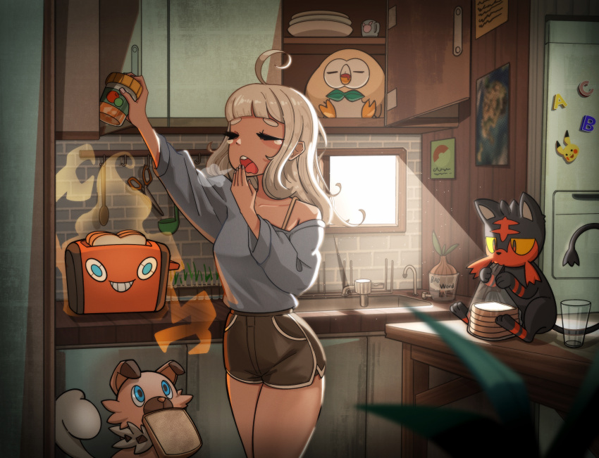 1girl absurdres black_shorts bread cabinet character_request closed_eyes cup dolphin_shorts drinking_glass food grey_hair grey_sweater hand_to_own_mouth highres indoors kitchen litten long_hair messy_hair off_shoulder open_mouth pokemon pokemon_(game) pokemon_sm reaching refrigerator rockruff rowlet shin_dohan short_eyebrows short_shorts shorts sink sleepy sweater toaster window yawning