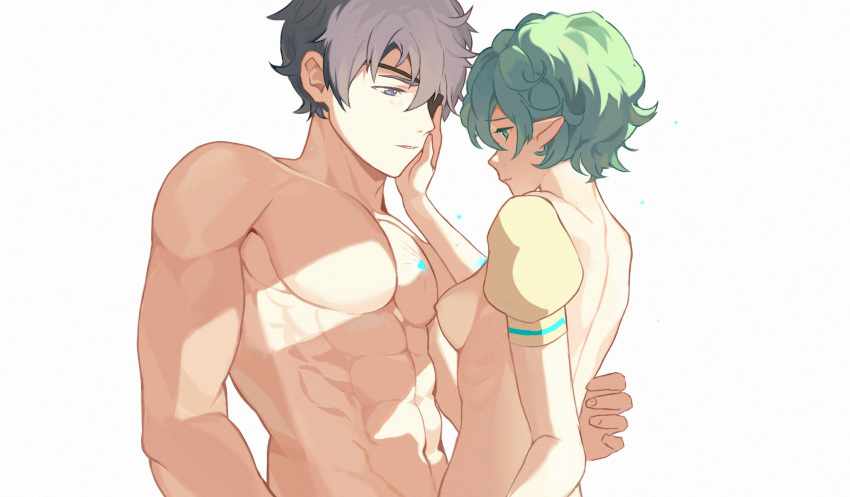 1boy 1girl abs back breasts closed_mouth completely_nude english_commentary eyepatch green_eyes green_hair grey_eyes grey_hair half-closed_eyes hand_on_another's_cheek hand_on_another's_face hetero highres looking_at_another medium_breasts muscular muscular_male nipples nude open_mouth pandoria_(xenoblade) pointy_ears short_hair sideboob simple_background stephanieh81080 upper_body white_background xenoblade_chronicles_(series) xenoblade_chronicles_2 zeke_von_genbu_(xenoblade)
