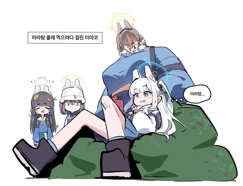 4girls animal_ear_headwear animal_ears black-framed_eyewear blue_archive broly_(dragon_ball_z) caught clenched_teeth crying domado drooling fake_animal_ears from_below glasses halo highres holding holding_phone knees_up korean_commentary korean_text leaf leaf_on_head long_sleeves looking_at_another looking_at_phone miyako_(blue_archive) miyu_(blue_archive) moe_(blue_archive) mouth_drool multiple_girls narration one_side_up phone pom_pom_(clothes) rabbit_ears rabbit_platoon_(blue_archive) saki_(blue_archive) school_uniform serafuku shaded_face shirt simple_background sitting teardrop tears teeth thought_bubble translated veiny_face white_background