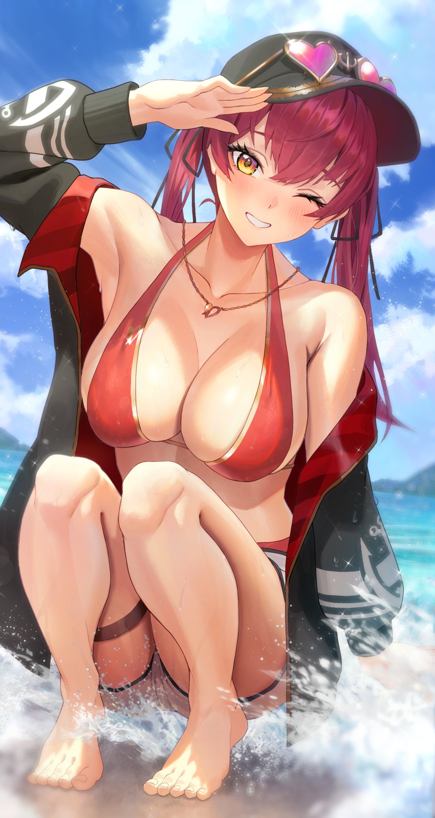 1girl absurdres arm_up armpits barefoot beach bikini black_headwear black_jacket blue_sky breasts cloud commentary_request day feet hat heart heart-shaped_eyewear heart_necklace highres hololive houshou_marine houshou_marine_(4th_costume) jacket jewelry kobayashi_(jna_x_rgh) large_breasts legs long_hair looking_at_viewer necklace one_eye_closed open_clothes open_jacket outdoors red_bikini red_hair shorts sitting sky smile solo sunglasses swimsuit toenails toes track_jacket twintails virtual_youtuber water white_shorts yellow_eyes