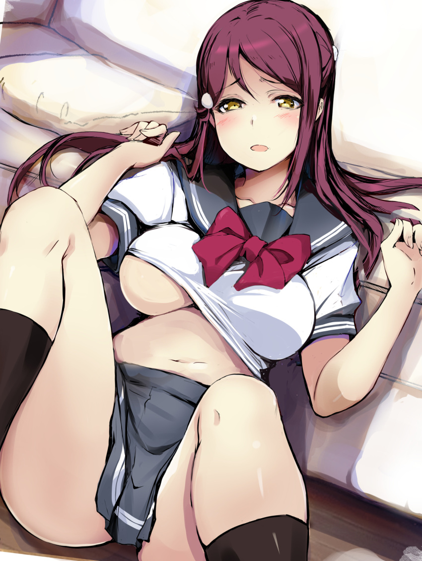 areola_slip belly black_socks blush bow breasts gengoroh grey_sailor_collar grey_skirt hair_ornament hairclip highres holding_own_hair large_breasts love_live! love_live!_sunshine!! lying medium_hair on_bed on_floor red_bow red_hair sailor_collar sakurauchi_riko skirt skirt_rolled_up socks thighs yellow_eyes