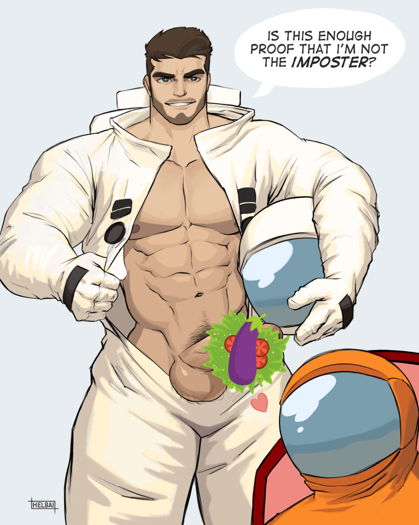 2boys abs among_us artist_name astronaut bara bare_pectorals black_hair bodysuit emoji emoji_censor english_text erection facial_hair helmet highres holding holding_helmet large_pectorals male_focus male_pubic_hair multiple_boys muscular muscular_male navel nipples open_bodysuit open_clothes orange_(among_us) pectorals penis pubic_hair short_hair smile space_helmet white_bodysuit whyhelbram yellow_(among_us)