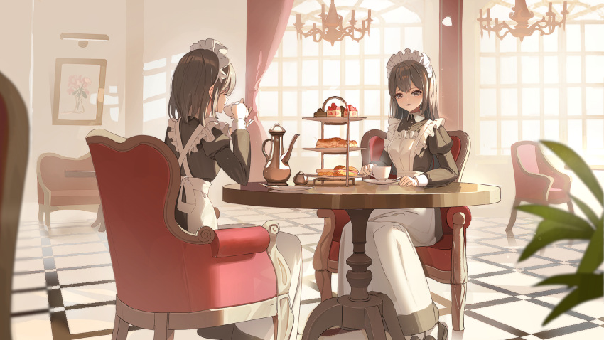 2girls apron armchair black_dress black_footwear black_hair chair commentary_request cup curtains dress drinking food frilled_apron frills fruit grey_eyes highres holding holding_cup indoors juliet_sleeves long_sleeves maid maid_apron maid_headdress multiple_girls on_chair original parted_lips puffy_sleeves shii_(kairi-t-k0317) shoes sitting strawberry tiered_tray white_apron window