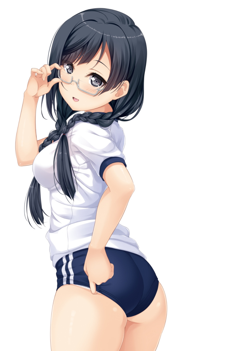 1girl :d adjusting_buruma adjusting_clothes adjusting_eyewear ass black_eyes black_hair blue_buruma blush braid breasts buruma commentary from_behind glasses gym_shirt gym_uniform hair_over_shoulder highres hino_minato_(spec.c) long_hair looking_at_viewer love_live! love_live!_nijigasaki_high_school_idol_club low_twin_braids medium_breasts nakagawa_nana open_mouth semi-rimless_eyewear shirt simple_background smile solo twin_braids under-rim_eyewear white_background white_shirt