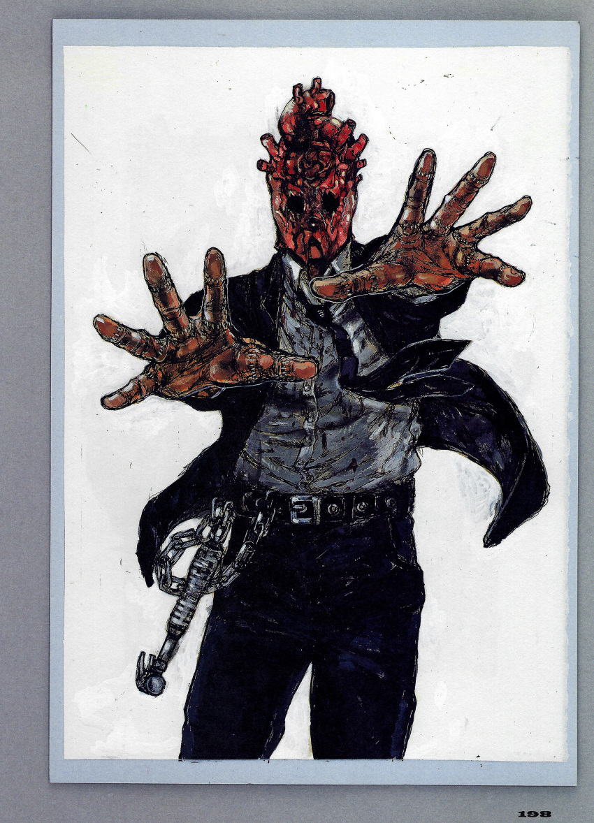 1boy absurdres belt black_necktie chain dorohedoro hammer highres hollow_eyes jacket male_focus mask necktie non-web_source open_clothes open_jacket polo_shirt q._hayashida reaching_towards_viewer shin_(dorohedoro) stitched_arm stitches white_background