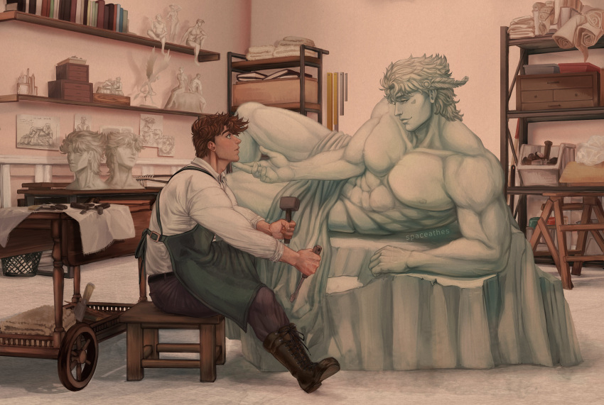 2boys abs absurdres apron artist_name battle_tendency bust_(sculpture) caesar_anthonio_zeppeli collared_shirt completely_nude facial_mark feather_hair_ornament feathers full_body hair_ornament headband highres indoors jojo_no_kimyou_na_bouken joseph_joestar joseph_joestar_(young) large_pectorals looking_at_another lying male_focus mallet multiple_boys muscular muscular_male nude on_side pectorals sculpting sculpture shirt short_hair sitting sleeves_rolled_up smile spaceathes statue watermark white_shirt