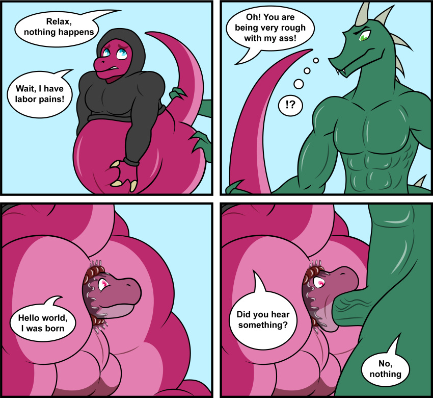 absurd_res ambiguous_fluids anal balls belly birth chubby_male clothing comic dialogue dinosaur duo fellatio genitals hi_res hoodie humor labor male male/male muscular muscular_male nude oral penile pregnant pregnant_male reptile rub_lug scalie sex slightly_chubby speech_bubble text topwear