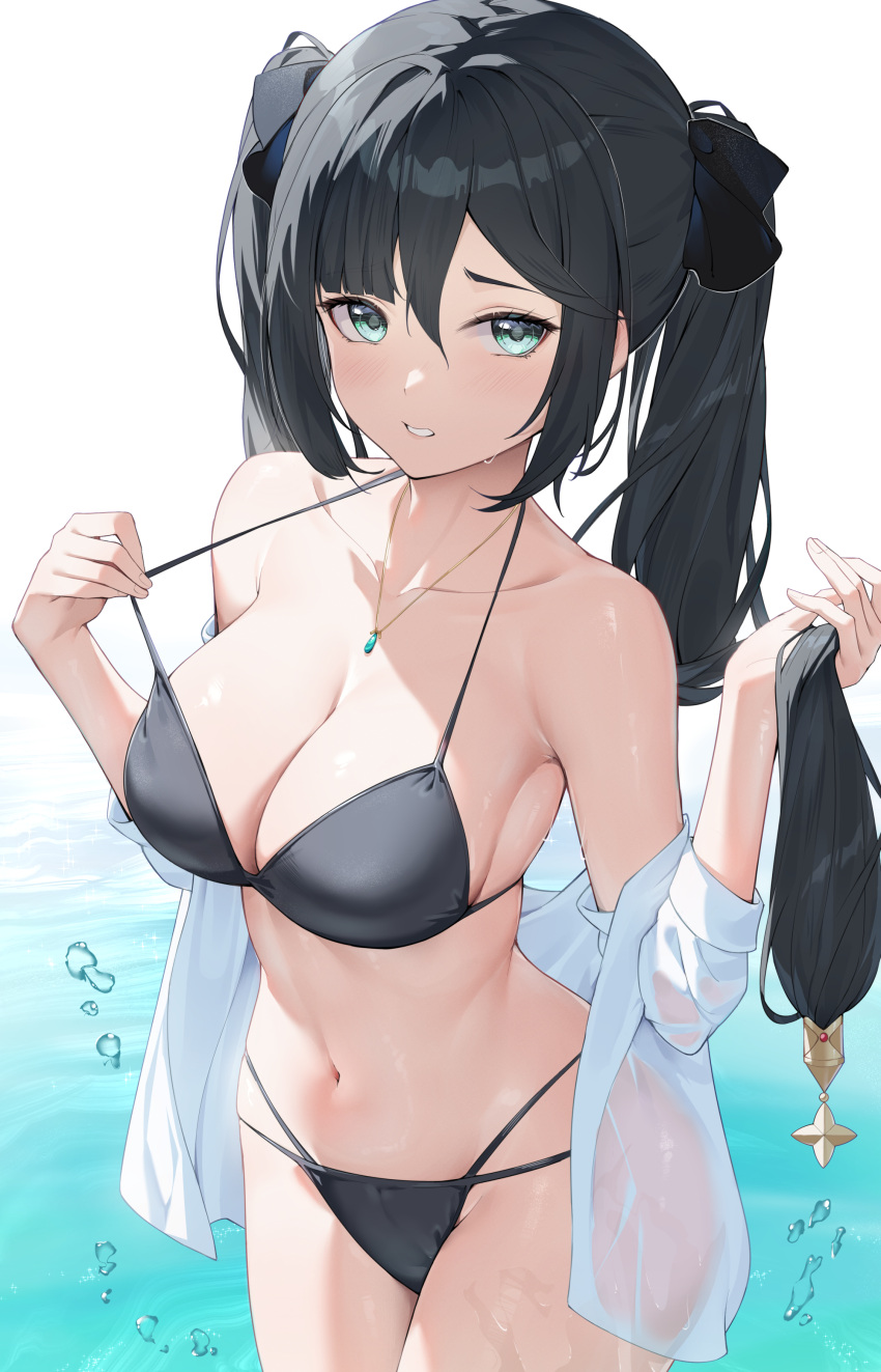 1girl absurdres alternate_costume aqua_eyes bare_shoulders bikini black_bikini black_hair breasts cleavage collarbone commentary cowboy_shot genshin_impact hair_lift hair_ornament hair_ribbon halterneck hands_up highres holding holding_hair jewelry large_breasts long_hair looking_at_viewer mona_(genshin_impact) multi-strapped_bikini_bottom navel necklace off_shoulder open_clothes open_shirt paid_reward_available parted_lips pulled_by_self ribbon rosumerii shirt shirt_partially_removed solo sparkle star_(symbol) star_hair_ornament stomach strap_lift strap_pull string_bikini swimsuit thighs twintails very_long_hair wading water wet wet_clothes wet_shirt white_shirt