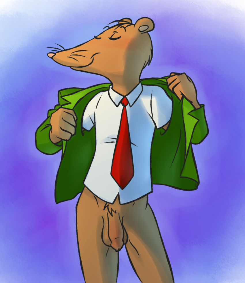 anthro arthur_(series) brown_body brown_fur brown_rat clothing crotch_tuft eyes_closed fur genitals green_clothing green_jacket green_topwear hi_res jacket male mammal mouth_closed murid murine necktie nigel_ratburn penis pink_nose pubic_tattoo rat red_necktie rodent shirt smile solo tattoo topwear tuft undressing unknown_artist whiskers white_clothing white_shirt white_topwear