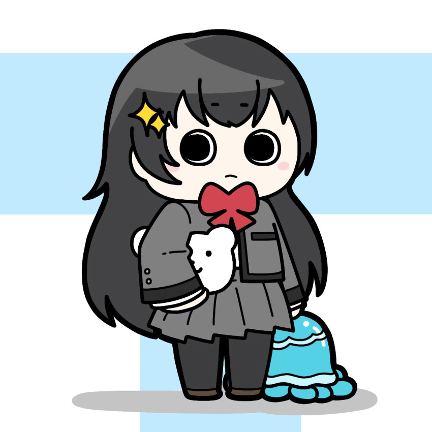 1girl arms_at_sides black_hair black_pantyhose blue_background blush bow bowtie breast_pocket brown_footwear chibi closed_mouth commentary full_body grey_jacket grey_skirt hair_ornament highres holding holding_stuffed_toy jacket kagura_hikari konpeitoull_(c12h22o11_tr_6) long_hair long_sleeves looking_at_viewer miniskirt open_clothes open_jacket pantyhose pleated_skirt pocket red_bow red_bowtie school_uniform seishou_music_academy_uniform shoes shoujo_kageki_revue_starlight skirt solid_circle_pupils solo sparkle_hair_ornament standing stuffed_animal stuffed_jellyfish stuffed_toy teddy_bear two-tone_background very_long_hair white_background