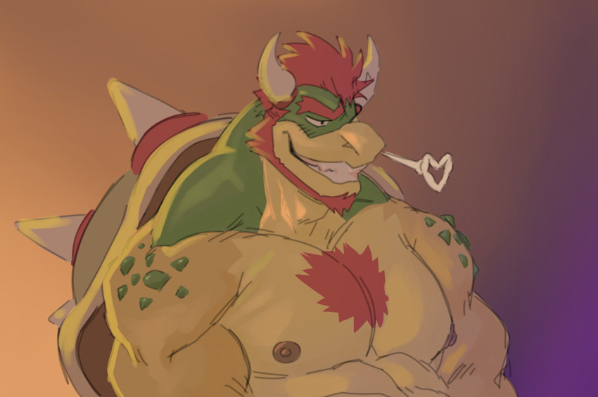 2023 anthro beard big_muscles black_eyes blush body_hair bowser breath chest_hair facial_hair gradient_background green_body green_scales grey_body grey_scales grin hair half-closed_eyes hi_res koopa male mario_bros muscular muscular_anthro muscular_male narrowed_eyes nintendo nude orange_body orange_scales red_hair scales scalie shell simple_background smile solo spiked_shell spikes spikes_(anatomy) toro_artz yellow_body yellow_scales