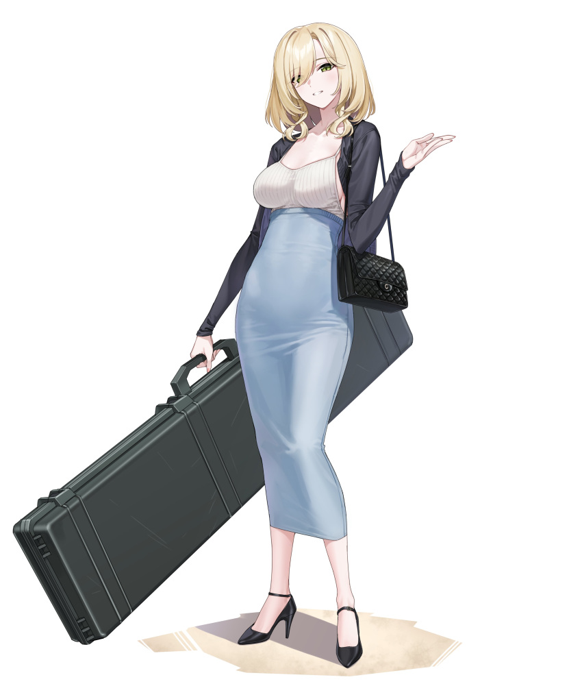 1girl absurdres agnes_abigail bag black_bag black_footwear blonde_hair blue_skirt blush breasts commentary controlline3 counter:side green_eyes hair_over_one_eye hand_up handbag high-waist_skirt high_heels highres holding_case long_sleeves looking_at_viewer medium_breasts medium_hair pencil_skirt ribbed_shirt shirt shoulder_bag simple_background skirt smile standing stiletto_heels strappy_heels taut_clothes taut_skirt weapon_case white_background