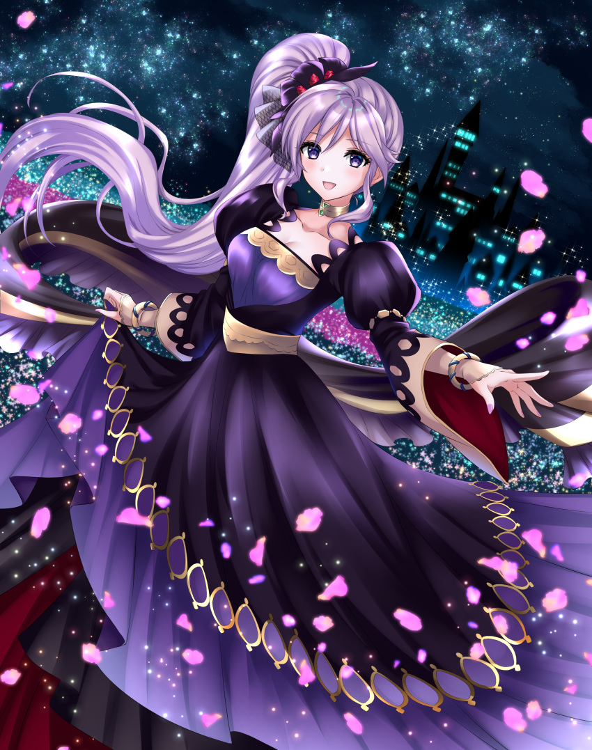 absurdres ballroom_dancing ballroom_gown breasts cherry_blossoms choker cleavage commission commissioner_upload fire_emblem fire_emblem:_thracia_776 fire_emblem_heroes highres ishtar_(fire_emblem) kakiko210 long_hair md5_mismatch night purple_eyes purple_hair resolution_mismatch side_ponytail skeb_commission sky source_smaller star_(sky) starry_sky
