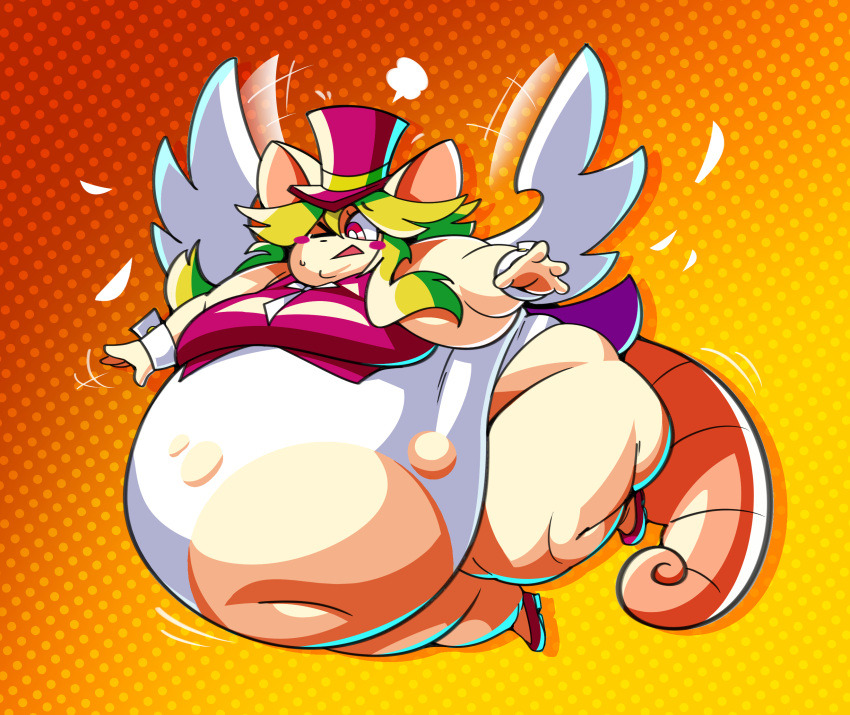 anthro belly big_belly blush bodily_fluids chubby_cheeks clothed clothing fat_arms fat_legs female green_hair hair hat headgear headwear hi_res mad_rat_dead mammal mintrimo morbidly_obese morbidly_obese_anthro morbidly_obese_female murid murine navel obese obese_anthro obese_female one_eye_closed overweight overweight_anthro overweight_female pink_eyes rat rat_god_(mad_rat_dead) rodent solo sweat torn_clothing wardrobe_malfunction wings