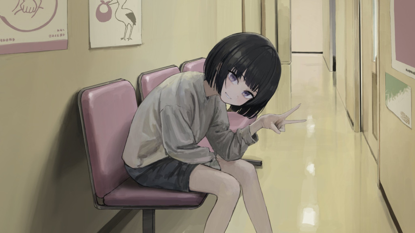 1girl bird black_hair blunt_bangs bob_cut hallway highres hospital indoors long_sleeves looking_at_viewer original pants purple_eyes sakiika0513 short_hair sitting smile solo stork sweater v