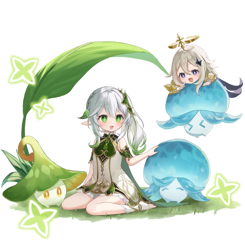 &gt;_&lt; 2girls ^_^ absurdres asymmetrical_hair ayatsuki_hina black_cape black_eyes bloomers blush braid bright_pupils cape closed_eyes commentary_request cross-shaped_pupils detached_sleeves dress eyelashes fungi_(genshin_impact) gem genshin_impact gold_trim gradient_eyes gradient_hair grass green_cape green_eyes green_gemstone green_hair hair_between_eyes hair_ornament halo hand_on_another's_head highres leaf leaf_hair_ornament long_hair medium_hair multicolored_eyes multicolored_hair multiple_girls nahida_(genshin_impact) open_mouth paimon_(genshin_impact) plant pointy_ears ponytail purple_eyes short_sleeves side_ponytail sidelocks simple_background single_braid sitting sleeveless sleeveless_dress smile streaked_hair symbol-shaped_pupils underwear wariza white_background white_bloomers white_dress white_hair white_pupils
