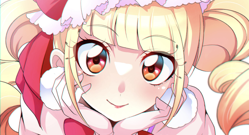 1girl absurdres aisaki_emiru blonde_hair blunt_bangs bow close-up closed_mouth cure_macherie drill_hair earrings hat head_rest highres hugtto!_precure jewelry lips long_hair looking_at_viewer magical_girl mitsuki_tayura pom_pom_(clothes) pom_pom_earrings precure red_bow red_eyes red_headwear smile solo twin_drills twintails
