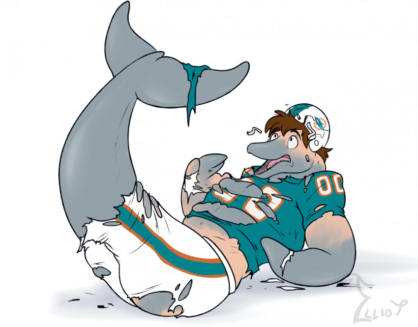 2022 anthro armor binturongboy bottlenose_dolphin bottomwear broken_helmet cetacean clothing dolphin fingerless_gloves football_gear football_helmet football_jersey football_pants football_player football_uniform gloves growth handwear headgear helmet human_to_anthro jersey male mammal marine mascot miami_dolphins nfl oceanic_dolphin pants pheagle shocked_expression simple_background solo species_transformation tail_growth td_(character) toothed_whale torn_clothing transformation white_background