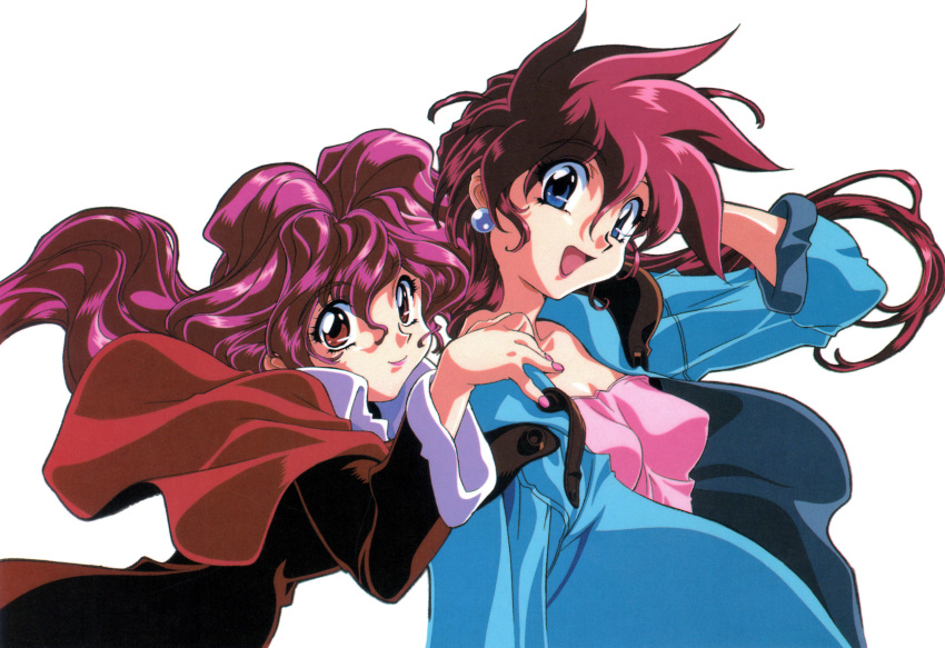 1990s_(style) 2girls arm_up bakuretsu_hunters blue_eyes chocolate_misu earrings floating_hair gotou_keiji hand_on_another's_shoulder highres jewelry long_hair long_sleeves multiple_girls nail_polish non-web_source open_mouth photoshop_(medium) pink_hair pink_nails red_eyes red_hair retro_artstyle scan siblings simple_background sisters smile tira_misu white_background