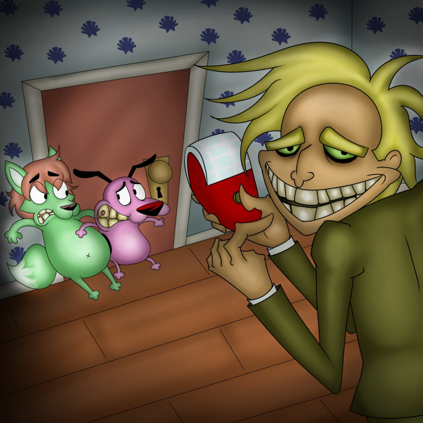 1:1 3_toes 4_fingers 5_fingers anthro black_eyebrows blonde_eyebrows blonde_hair brown_hair canid canine canis cartoon_network clothed clothing courage_the_cowardly_dog courage_the_cowardly_dog_(character) dipstick_tail domestic_dog door eyebrows fan_character feet fingers freaky_fred fur green_body green_fur group hair hair_clipper hi_res human insecureflaky inside male mammal markings pink_body pink_fur scared shirt tail tail_markings teeth toes topwear trio